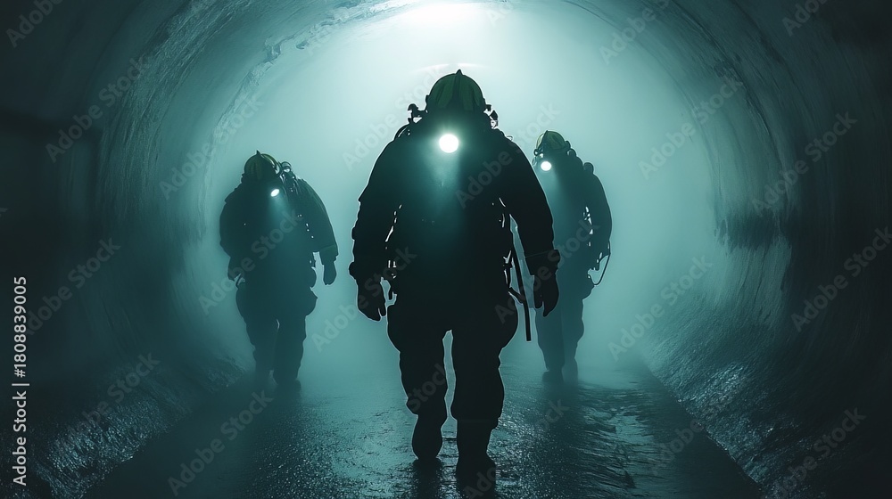 Fototapeta premium Team of rescue workers with headlamps walking through a dark tunnel filled with smoke and mist during a search and rescue operation