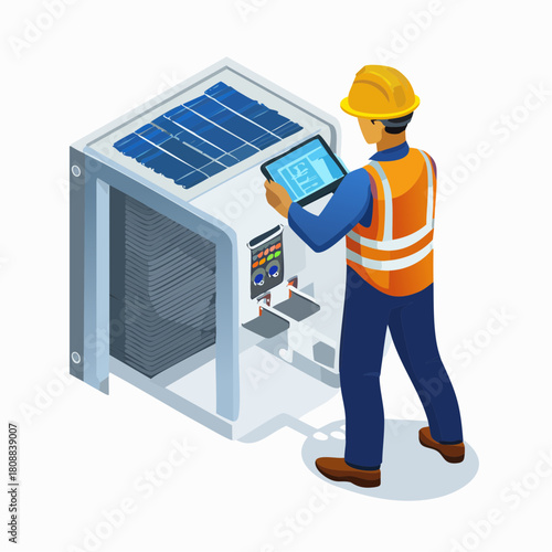 Isometric illustration of an HVAC technician inspecting a solar panel system, utilizing a tablet to assess performance and maintenance; renewable energy