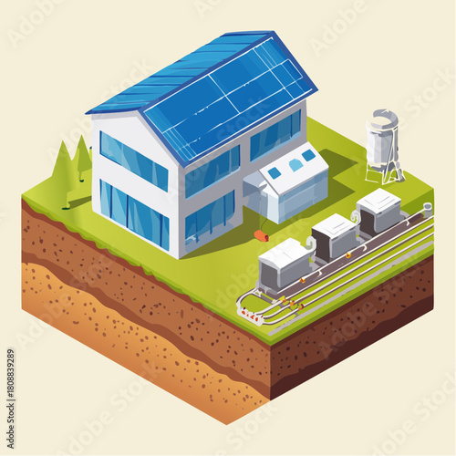 Sustainable modern house concept with solar power generation, energy storage, and an eco-friendly hvac system isometric vector art