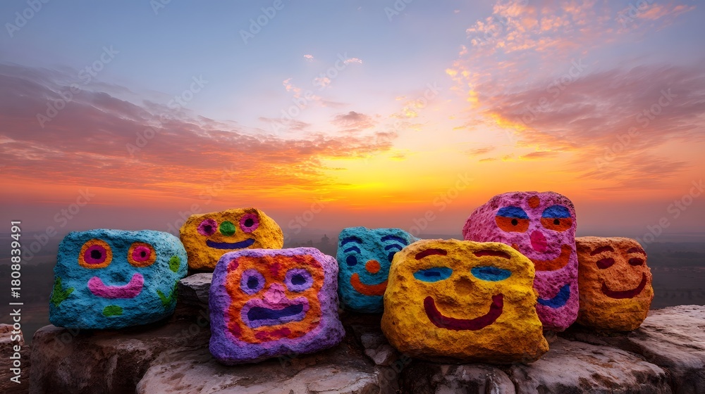 Fototapeta premium Colorful painted rocks with smiling faces arranged on a rocky outcrop at sunrise