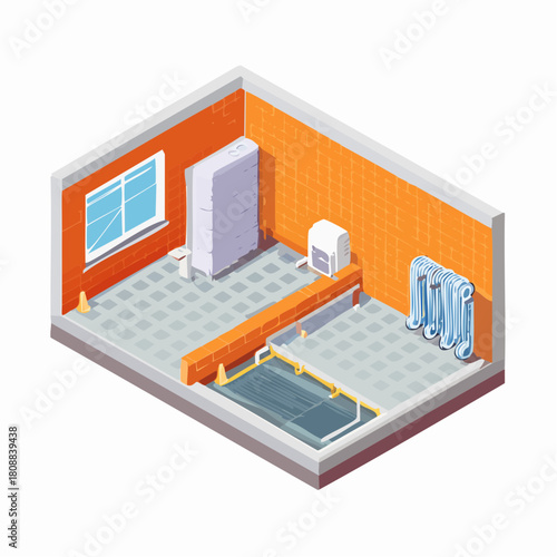 Isometric illustration of a utility room undergoing renovation, showcasing key hvac system components, plumbing, and building infrastructure planning for efficient properties