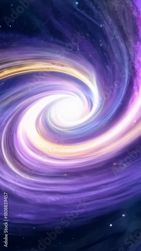 A luminous multi-color vortex rotates inward as the frames shift from wide to tighter curvature emphasizing smooth spiral motion and glowing cosmic gradients forming an abstract energy concept