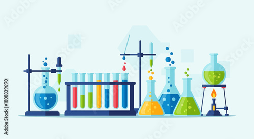 Illustration of various laboratory glassware filled with colorful chemical liquids on stands, ready for scientific experiments.