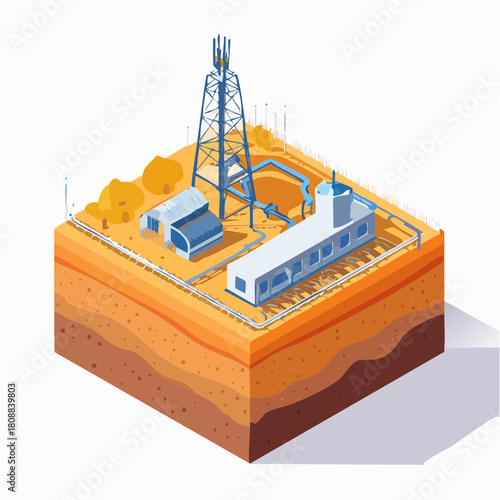 Isometric industrial facility showing hvac systems, communication tower, and underground utilities for modern operational efficiency