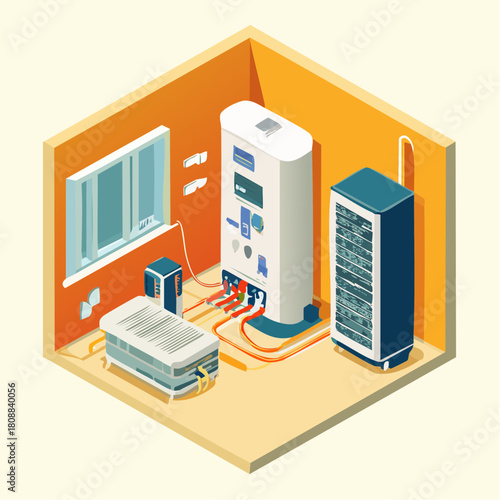 Isometric illustration depicting a compact server room with advanced HVAC system, network rack, and cooling unit, showcasing modern technology infrastructure and environmental control solutions