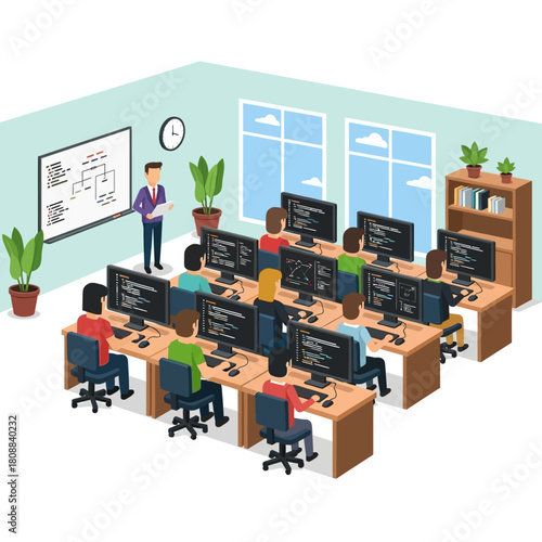 Instructor leads a programming class with students sitting at computers in a classroom setting, viewing code on their screens.