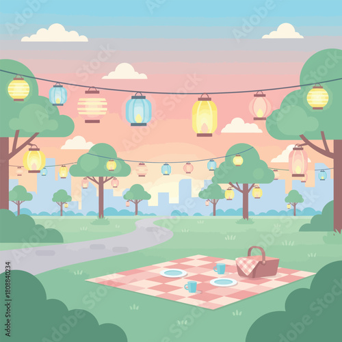 Whimsical picnic in the park under lantern lights, evoke a peaceful mood, perfect for celebrating summer, friendship, or creating a charming atmosphere
