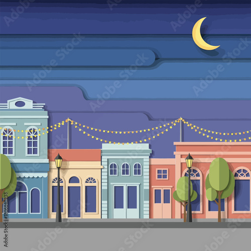 Charming paper cut town illustration with moonlit nightscape, perfect for dreamy storybooks, holiday cards, and serene community designs