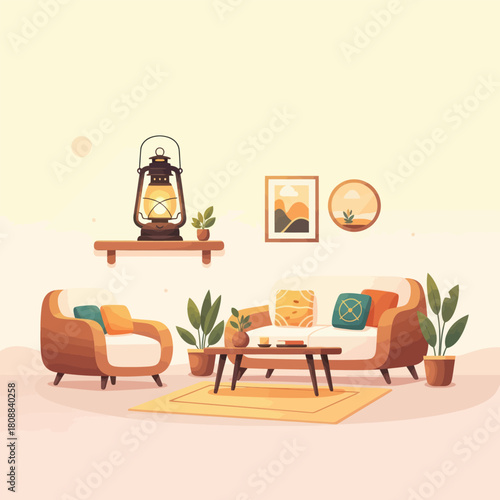 Create a cozy interior with this relaxing living room illustration, featuring a sofa, armchair, lantern, and plants, perfect for home decor projects