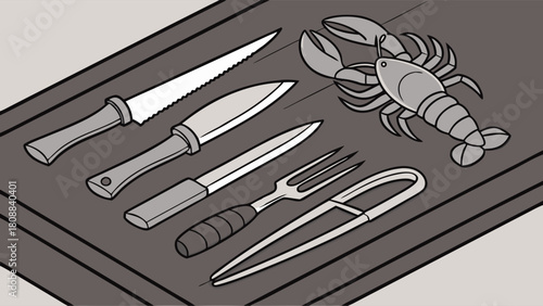 Fresh Lobster and Shrimp with Professional Kitchen Knives and Utensils Illustration for Gourmet Cooking Restaurant Menus Food Blogs