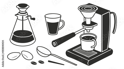 Fresh Coffee Brewing Espresso Machine French Press Beans Cup Morning Ritual Cafe Lifestyle Home Barista Tools Illustration