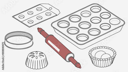Baking Tools and Kitchen Utensils Line Art for Homemade Desserts Pastry Recipes Food Blog Design and Culinary Marketing Vector Illustration