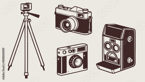 Classic Vintage Photography Equipment Collection Hand Drawn Illustration. Retro Film Cameras and Tripod for Creative Projects and Nostalgic Design.