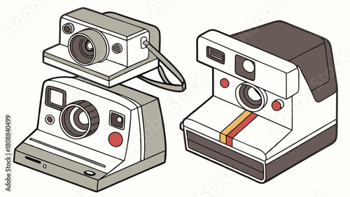 Retro Instant Cameras Isometric Vector Illustration for Nostalgic Photography, Creative Design, and Marketing Graphics