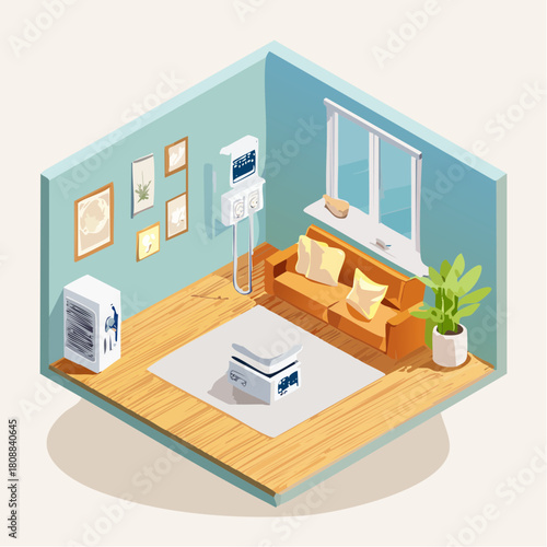 Isometric illustration of a modern living room interior showcasing a smart hvac system with air conditioner and purifier for home climate control