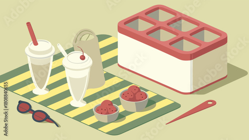 Isometric Summer Picnic Illustration with Refreshing Milkshakes Strawberries Ice Tray Sunglasses on Striped Blanket Sweet Dessert Outdoor Relaxation.