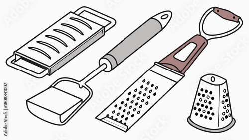 Kitchen Graters and Slicers Vector Outline Illustration. Essential Food Preparation Tools for Home Cooking, Recipe Blogs, and Culinary Design.