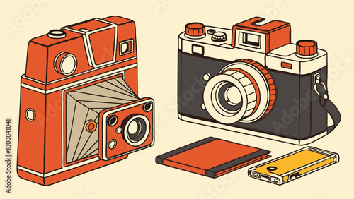Retro Film Cameras and Modern Smartphone Illustration for Photography History, Creative Design, and Tech Evolution