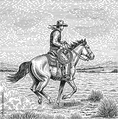 Lone rider on horseback galloping through rugged terrain under moonlit sky