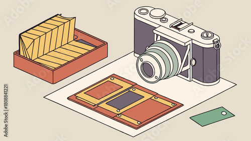 Isometric Vintage Film Camera and Analog Photography Supplies for Creative Hobbyists, Retro Design Projects, and Artistic Workshops