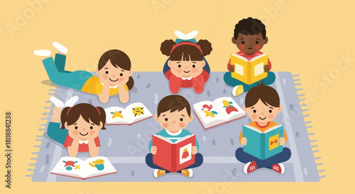 Diverse group of six happy children of various ethnicities joyfully reading colorful storybooks together on a patterned rug.