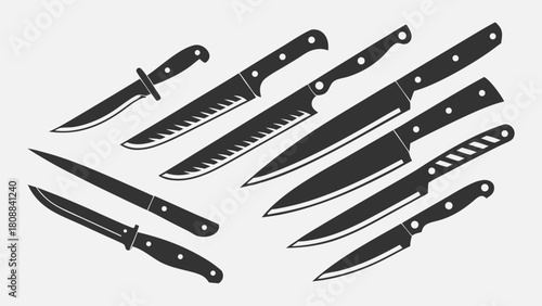 Diverse Knife Collection Vector Tools Illustration Essential Sharp Blades for Culinary Arts Outdoor Adventures Food Preparation and Kitchenware Design