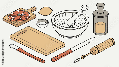 Isometric Kitchen Tools and Fresh Ingredients for Healthy Cooking. Recipe Blogs Web Design and Culinary Marketing