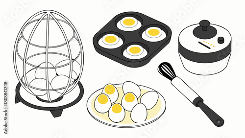 Isometric Illustration of Various Egg Cooking Methods and Kitchen Tools for Healthy Breakfast, Food Blogs, and Recipe Websites