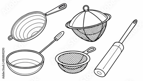 Line Art Illustration of Kitchen Strainers Sieves and Colanders for Cooking, Food Preparation, and Culinary Design