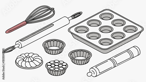 Essential Vector Isometric Line Art Baking Tools. Whisk, Rolling Pin, Muffin Tin, Molds for Delicious Homemade Desserts, Sweet Treats, and Kitchen Prep.
