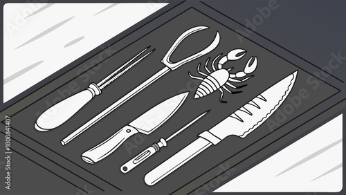 Professional Chef Knives and Seafood Tools with Lobster Illustration for Culinary Arts and Restaurant Menu