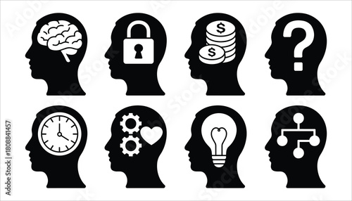 Eight black human head profiles with white icons representing brain thoughts and concepts head silhouette