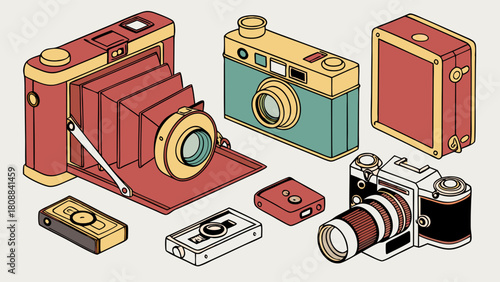 Isometric Vintage Film Cameras Collection for Retro Photography Design, Creative Content, and Nostalgic Hobby Projects