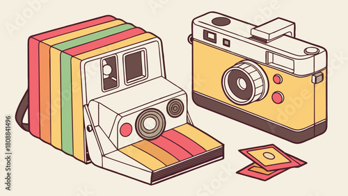 Colorful Retro Instant Camera and Vintage Film Camera with Photo Prints Nostalgic Photography Design