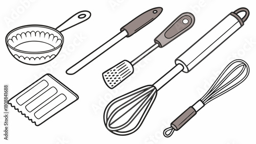 Modern Kitchen Utensils Line Art for Cooking and Baking. Essential Home Food Prep Tools for Recipes, Culinary Blogs, and Kitchenware Design.