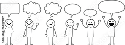 Cartoon stick figures expressing emotions with speech bubbles from sad to happy
