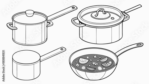 Cooking Pots Pans and Delicious Food Line Art Illustration for Kitchenware Design Recipe Blogs Culinary Websites and Home Cooking