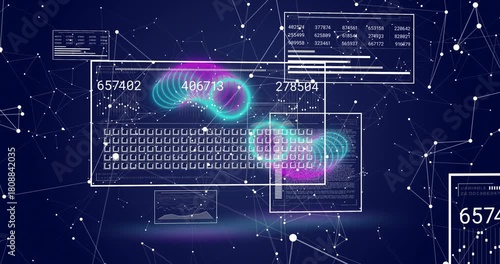 On start teal magenta torus clusters gliding over keyboard, updating panels for data flow view