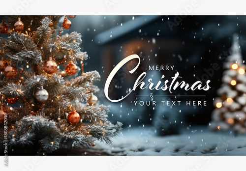 Christmas Card With Tree, Decorations And Snow On Blurry Background Mockup