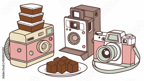 Charming Retro Cameras and Sweet Brownies Illustration for Food Photography, Baking Blogs, and Creative Lifestyle Content