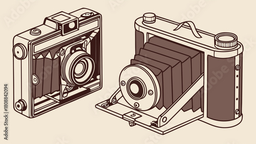 Vintage Folding Camera and Box Camera Sepia Line Art Illustration Retro Photography Equipment Nostalgic Design Element Classic Technology History