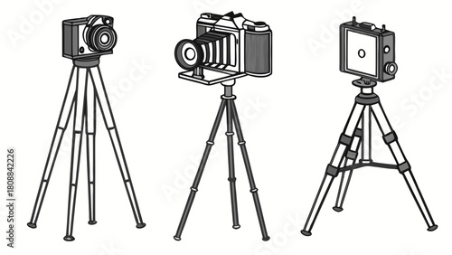 Classic Vintage Photography Cameras on Tripods Line Art Illustration for Retro Design, Media, and Educational Projects