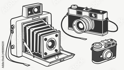 Retro Photography Cameras Line Art Illustration Vintage Equipment Design Hobby Collection Nostalgic Monochrome Drawing for Creative Projects and Web Design