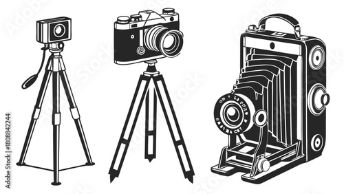 Vintage Film Cameras on Tripods Vector Illustration Retro Photography Equipment Classic Photo Gear Art History Design