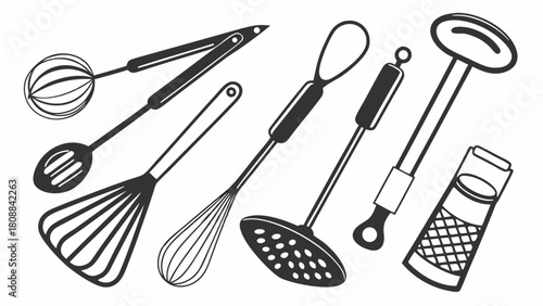 Modern Kitchen Utensils Set Line Art for Cooking and Baking Food Preparation Tools for Recipe Websites Culinary Blogs and Restaurant Menus