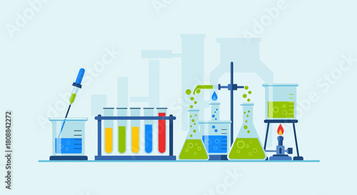 A flat design illustration of a chemistry laboratory setup with colorful chemicals in beakers, flasks, and test tubes for a scientific experiment.