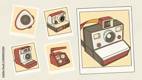 Retro Instant Cameras and Photos Illustration for Vintage Photography, Nostalgia Marketing, and Creative Design Projects