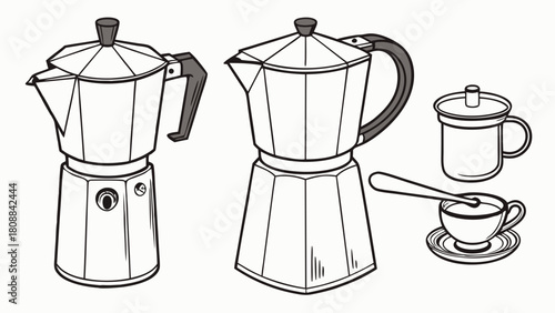 Classic Stovetop Moka Pots and Coffee Cups Vector Line Art for Morning Coffee Rituals and Kitchen Lifestyle Design