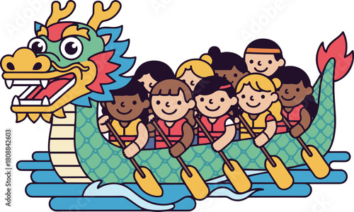 A bold, flat vector cartoon illustration depicting a diverse group of smiling people in life vests paddling a green and yellow dragon boat on blue waves.
