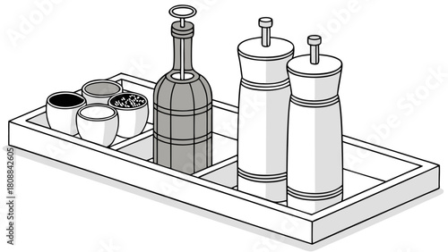 Clean Condiment Set on Serving Tray. Essential Spices, Oil, Vinegar, Salt, Pepper for Restaurant Dining and Home Kitchen Culinary Use.